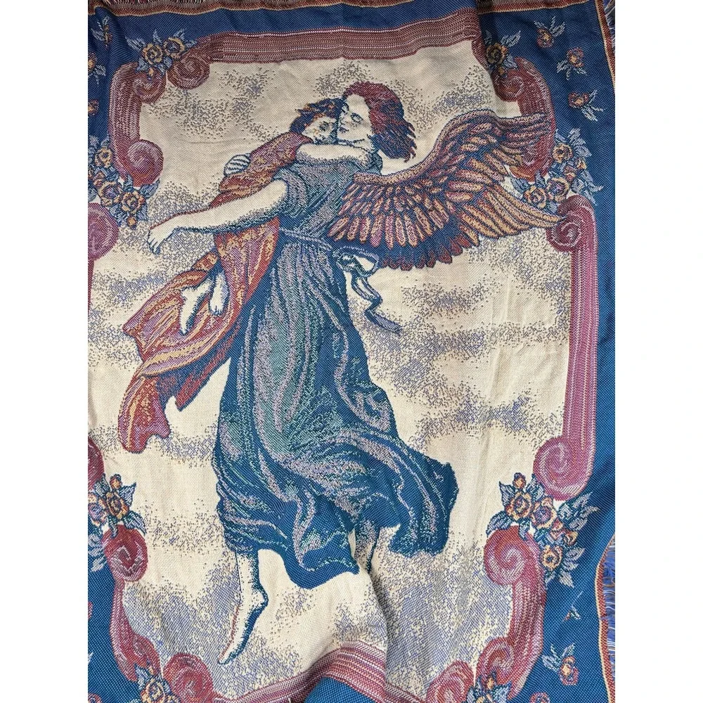 Vintage Woven Tapestry Throw Blanket Angel with Child Floral Fringe 56